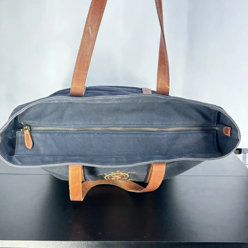Vintage Polo Ralph Lauren Tote Bag Navy Canvas Leather Crest Heritage Preppy 90s